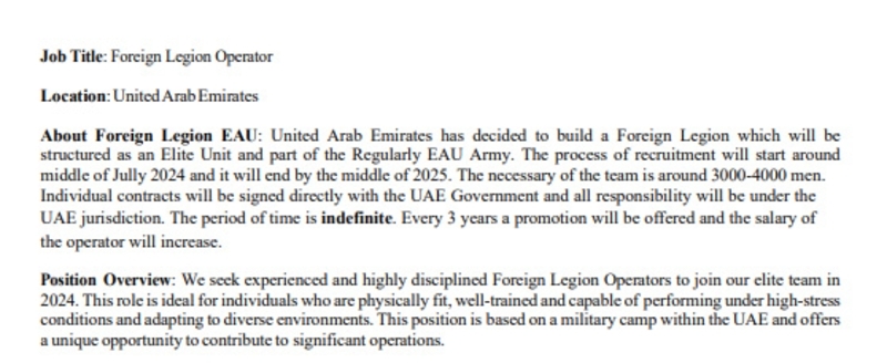 Une offre d'emploi pour un poste de Foreign Legion Operator circule depuis quelques jours parmi les vétérans français des forces spéciales. Le document a été créé le 21 février 2024.