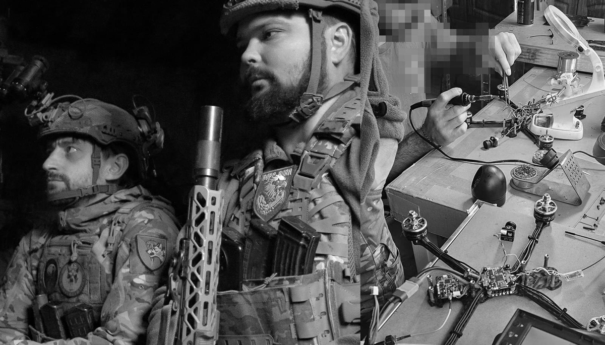 À gauche, l'unité Bora Bora de la 25e brigade aéroportée ukrainienne. À droite, un 'drone lab' préparant les drones pour le combat.