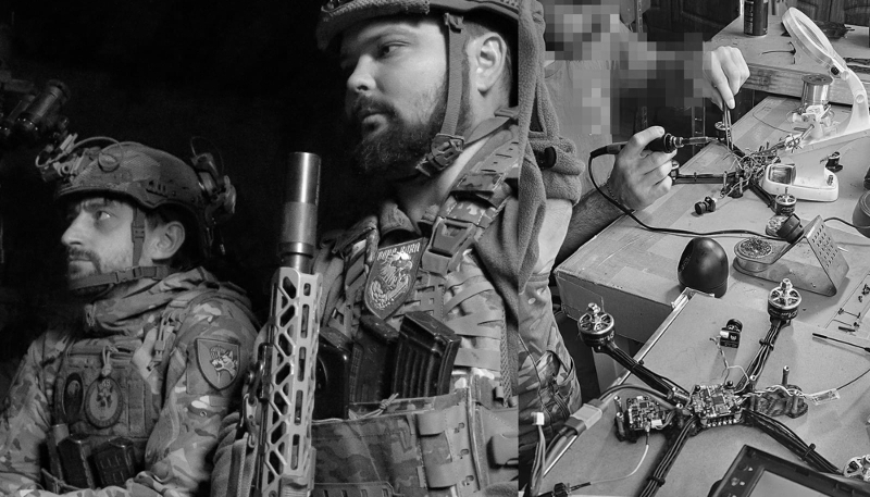 À gauche, l'unité Bora Bora de la 25e brigade aéroportée ukrainienne. À droite, un 'drone lab' préparant les drones pour le combat.