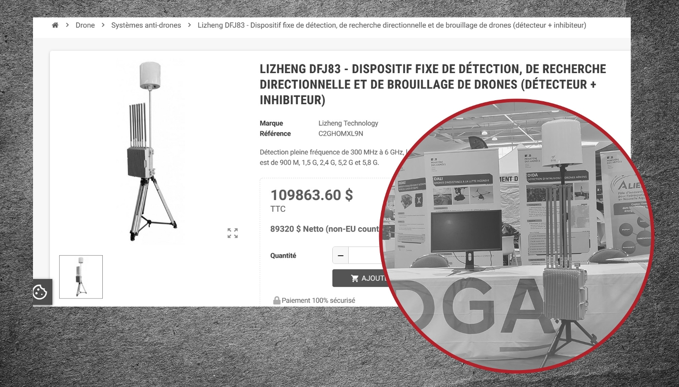 À droite, le dispositif de détection de drones aériens présenté sur le stand de la Direction générale de l'armement lors de l'UAV Show 2025 à Bordeaux. À gauche, le système chinois Lizheng DFJ83 proposé sur un site polonais.