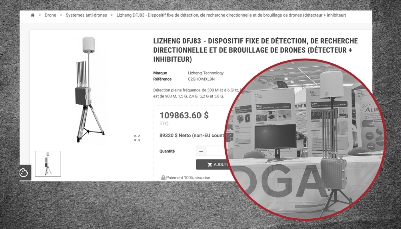 À droite, le dispositif de détection de drones aériens présenté sur le stand de la Direction générale de l'armement lors de l'UAV Show 2025 à Bordeaux. À gauche, le système chinois Lizheng DFJ83 proposé sur un site polonais.