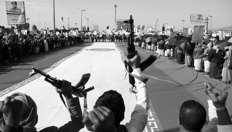 Rassemblement houthi en protestation aux attaques américaines et israéliennes contre l'Iran, à Sanaa, le 3 avril 2026.