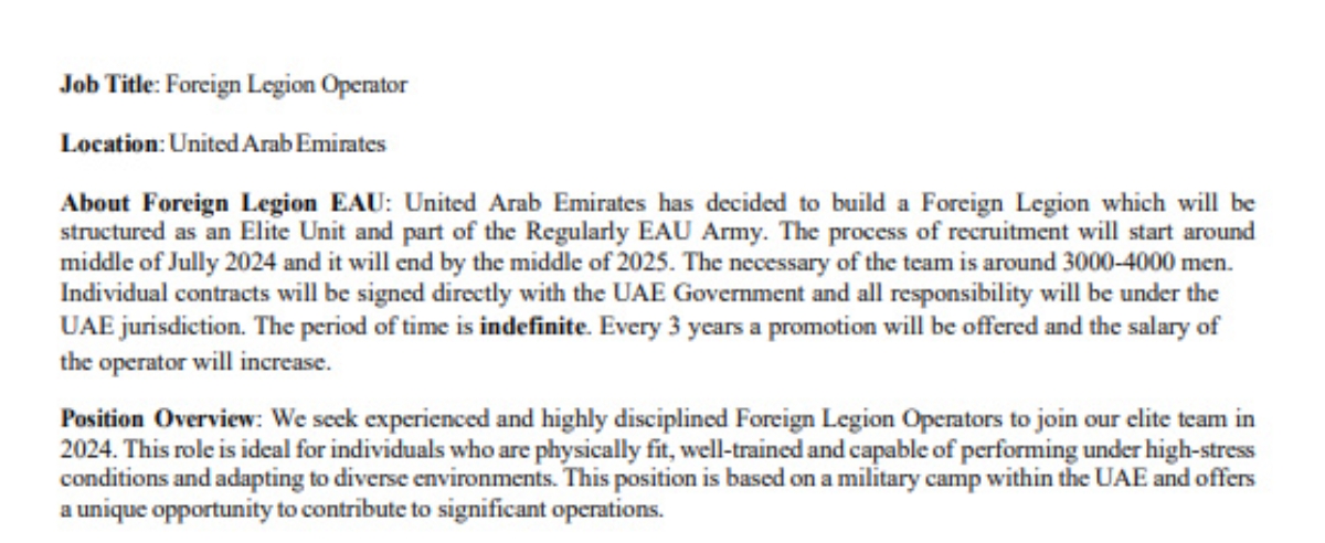 Une offre d'emploi pour un poste de Foreign Legion Operator circule depuis quelques jours parmi les vétérans français des forces spéciales. Le document a été créé le 21 février 2024.