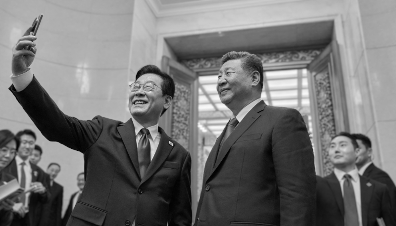 Le président sud-coréen Lee Jae-myung (à gauche) prend un selfie avec son homologue chinois Xi Jinping à Pékin, le 5 janvier 2026.