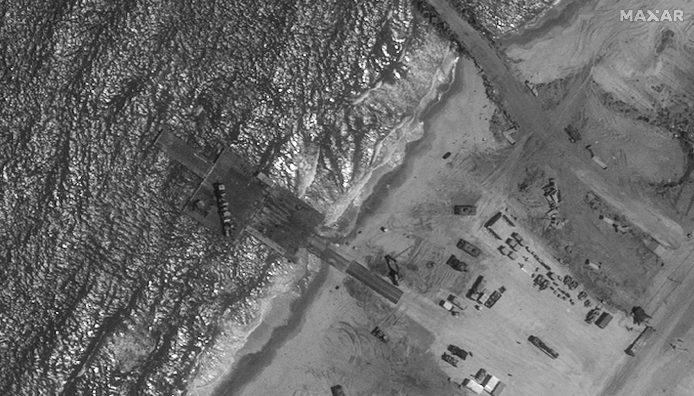 Une image satellite fournie par Maxar Technologies montrant la jetée Trident sur la côte de Gaza, le 29 mai 2024.