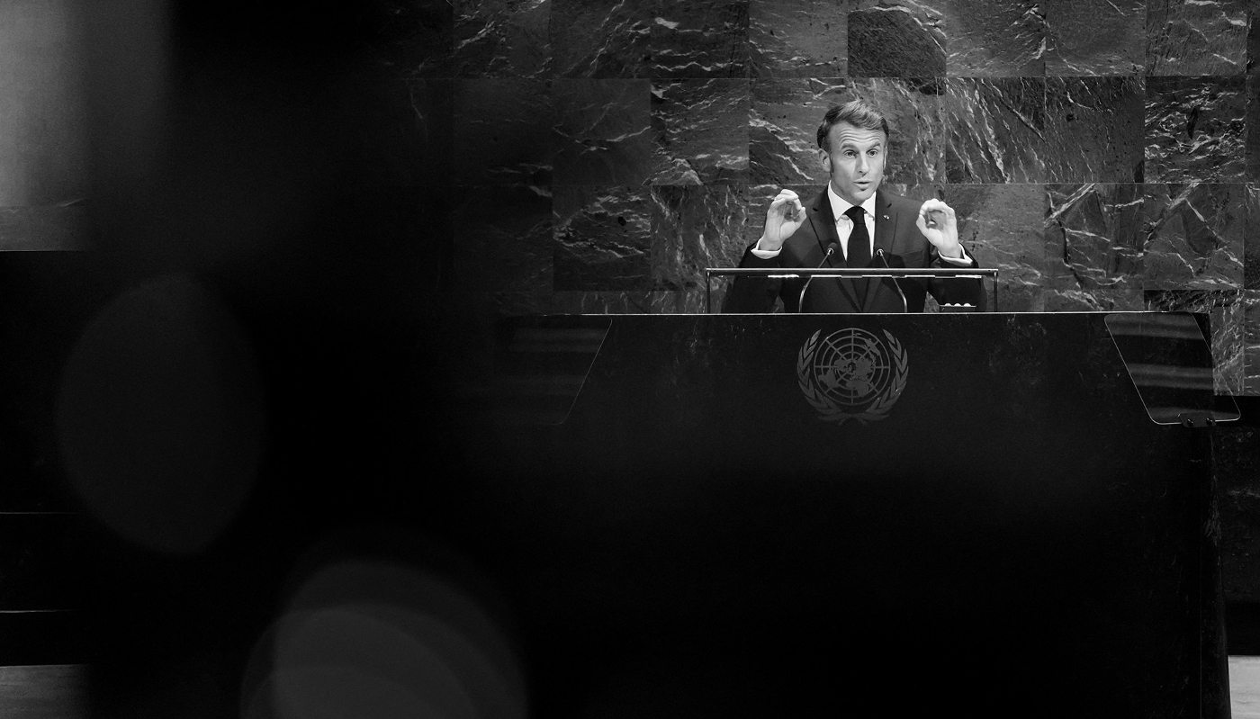 Emmanuel Macron devant l'Assemblée générale de l'ONU durant son discours portant sur la reconnaissance de la Palestine par la France.