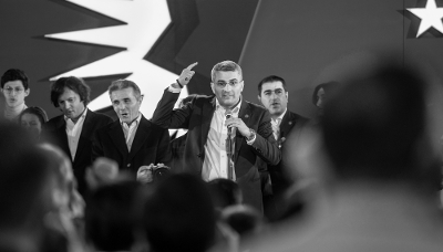 Mamouka Mdinaradze, à l'occasion des célébrations de la victoire aux élections législatives du parti Rêve géorgien, le 26 octobre 2024.