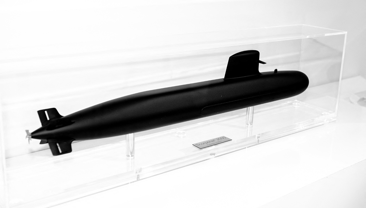 Maquette d'un sous-marin Scorpène, dans les locaux de Naval Group à Ollioules, dans le sud de la France, le 14 février 2025.
