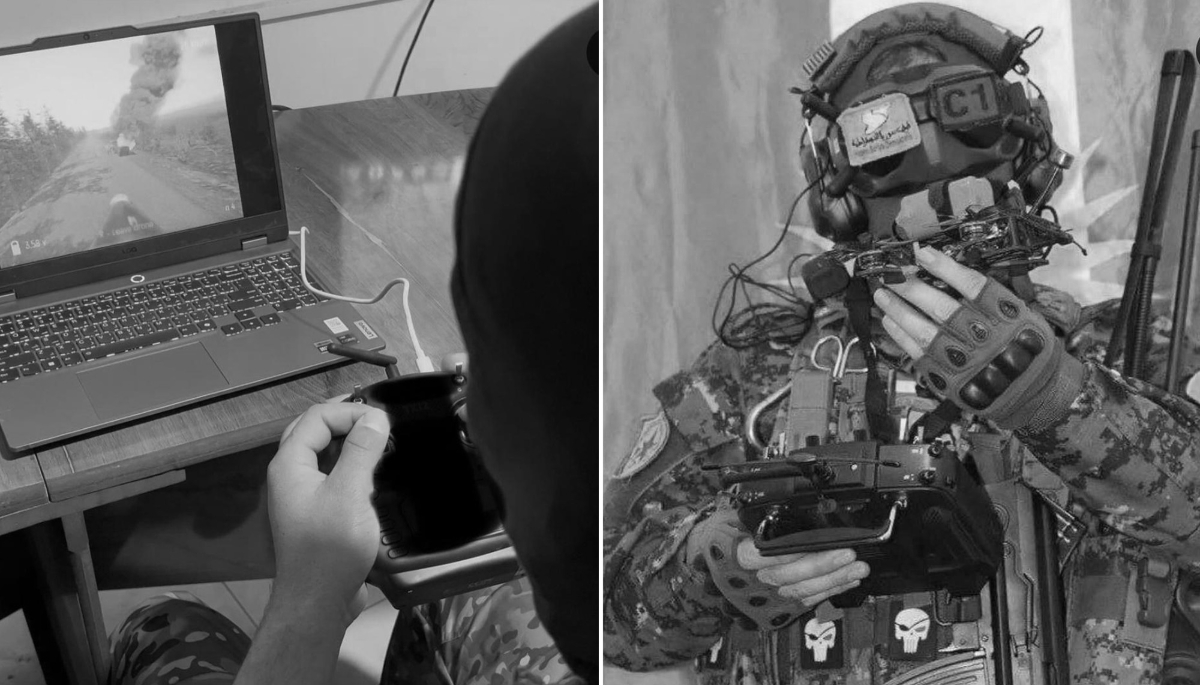 À gauche : un pilote de de drones First-Person View (FPV) à l'entraînement sur un jeu vidéo de simulation made in Ukraine. À droite : un pilote de FPV des forces spéciales kurdes du YAT.