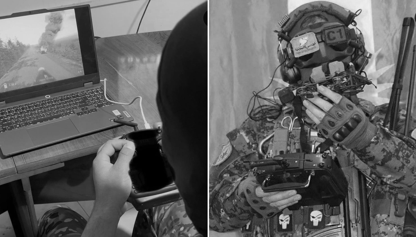 À gauche : un pilote de de drones First-Person View (FPV) à l'entraînement sur un jeu vidéo de simulation made in Ukraine. À droite : un pilote de FPV des forces spéciales kurdes du YAT.