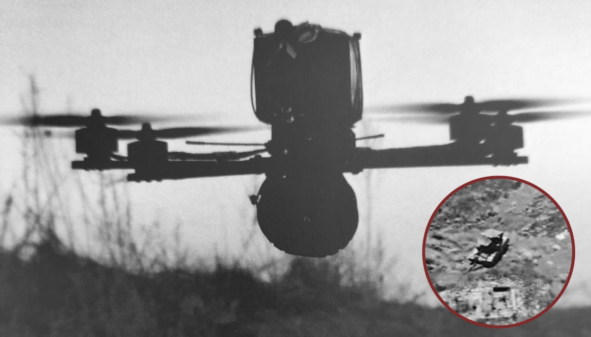 Le drone FPV Grungnir de Renegade UxS ApS, avec en vignette un char russe identifié par l'algorithme d'IA embarqué sur l'appareil.