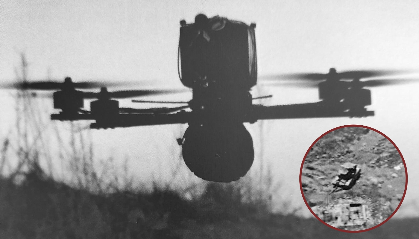 Le drone FPV Grungnir de Renegade UxS ApS, avec en vignette un char russe identifié par l'algorithme d'IA embarqué sur l'appareil.