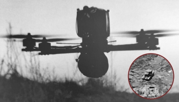 Le drone FPV Grungnir de Renegade UxS ApS, avec en vignette un char russe identifié par l'algorithme d'IA embarqué sur l'appareil.