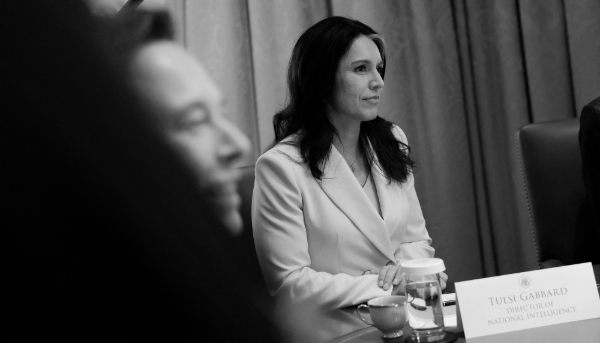 La directrice du renseignement national, Tulsi Gabbard, est assise à côté d'Elon Musk, lors d'une réunion à la Maison blanche, le 10 avril 2025 à Washington.