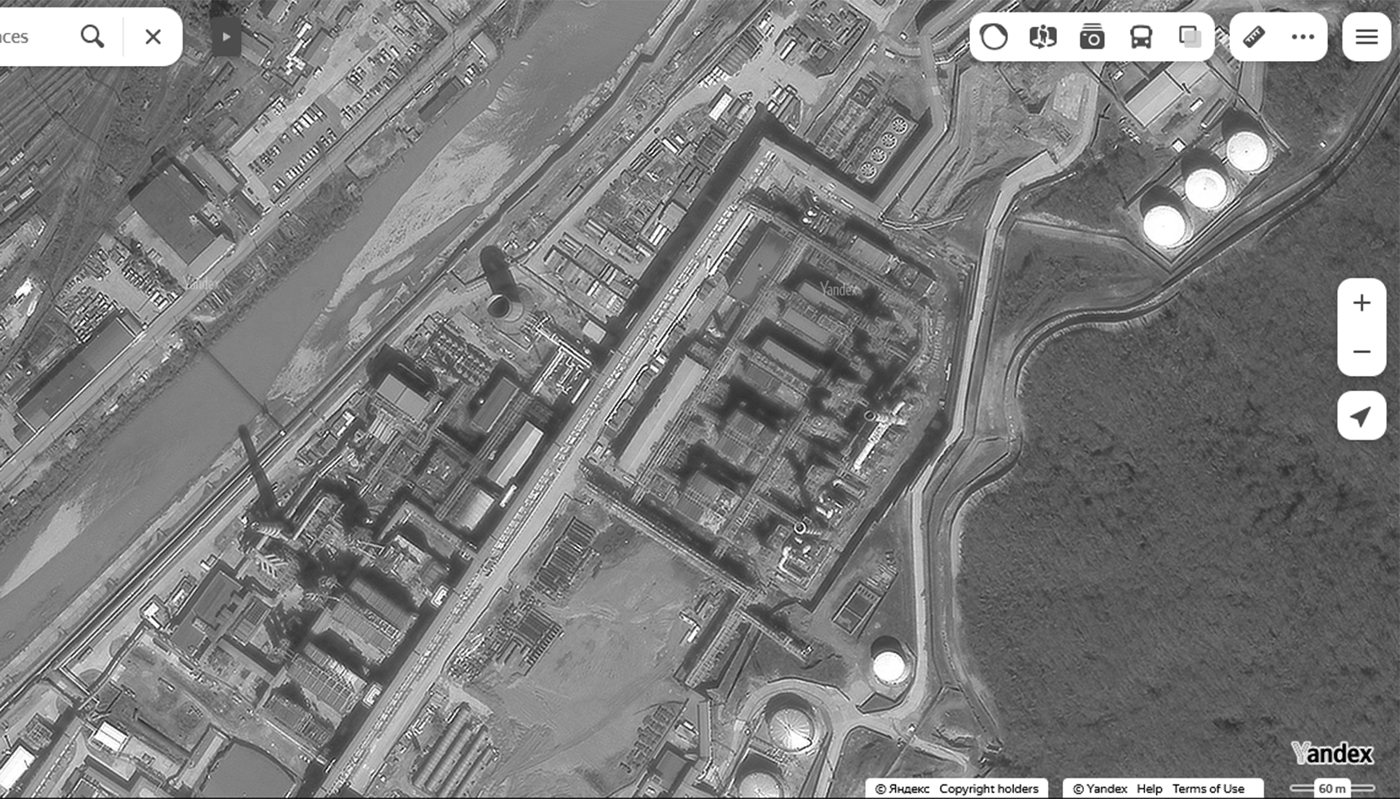 Prise de vue de la raffinerie de Touapse sur le moteur de recherches Yandex Maps.