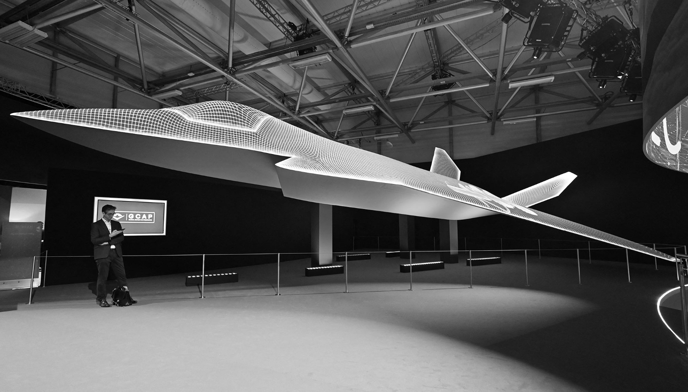 Le concept de chasseur du Global Combat Air Programme (GCAP), présenté lors de la journée d'ouverture du salon aéronautique international de Farnborough, le 22 juillet 2024.