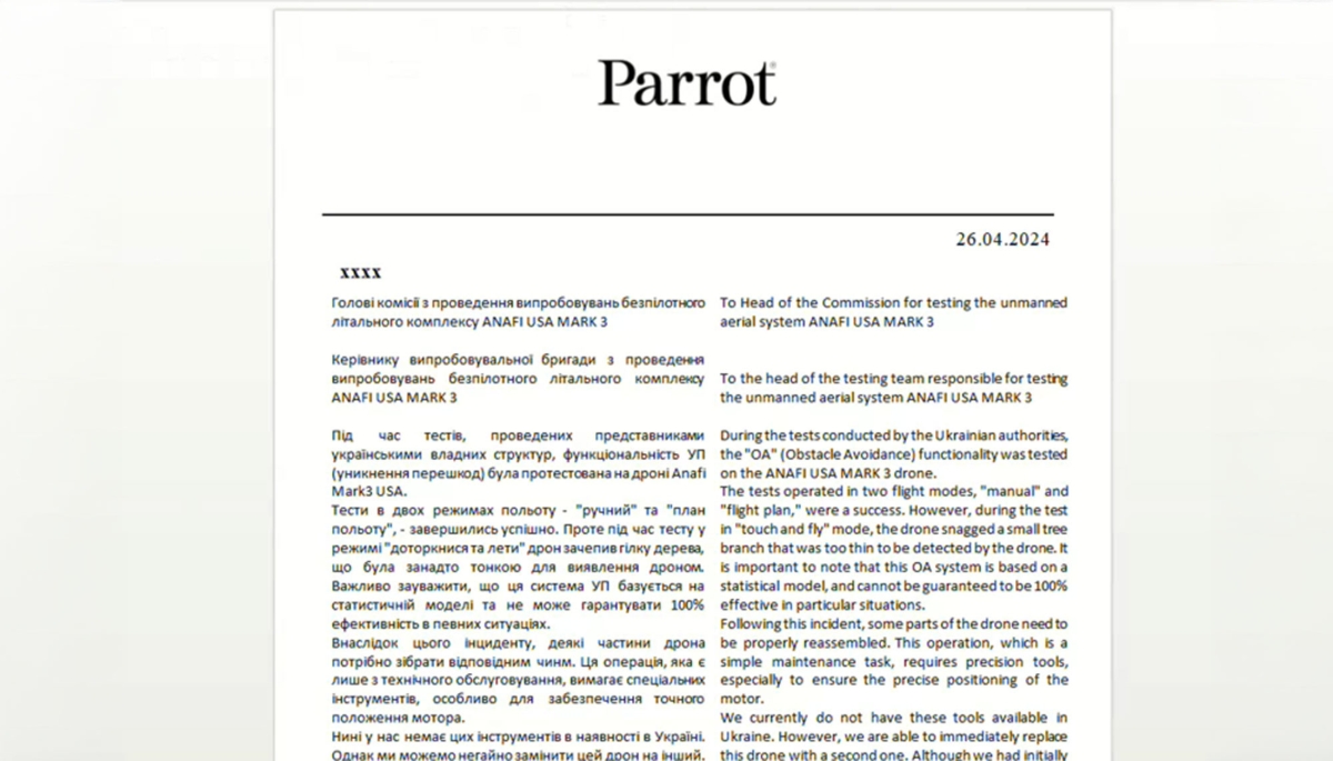 Document de Parrot en ukrainien et en anglais.