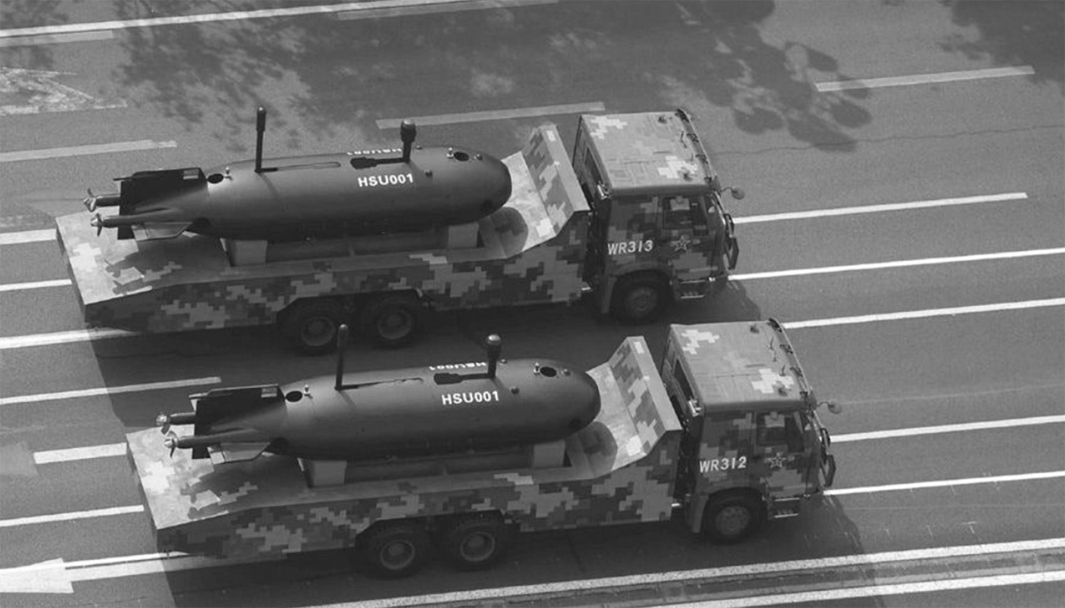 Le drone sous-marin HSU-001 présenté lors d'un défilé de l'Armée populaire de libération (APL) chinoise à Pékin, en 2019.