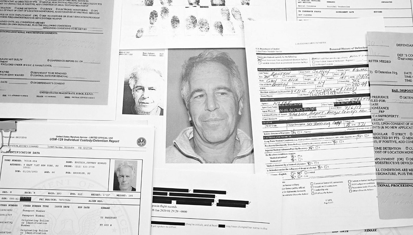 Illustration composée de documents rendus publics par le ministère américain de la justice sur Jeffrey Epstein.