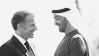 Le chef d'État français Emmanuel Macron en compagnie du président de la fédération des Émirats Mohammed bin Zayed al-Nahyan, le 16 juin 2026 à Évian-les-Bains, France, à l'occasion du sommet du G7.