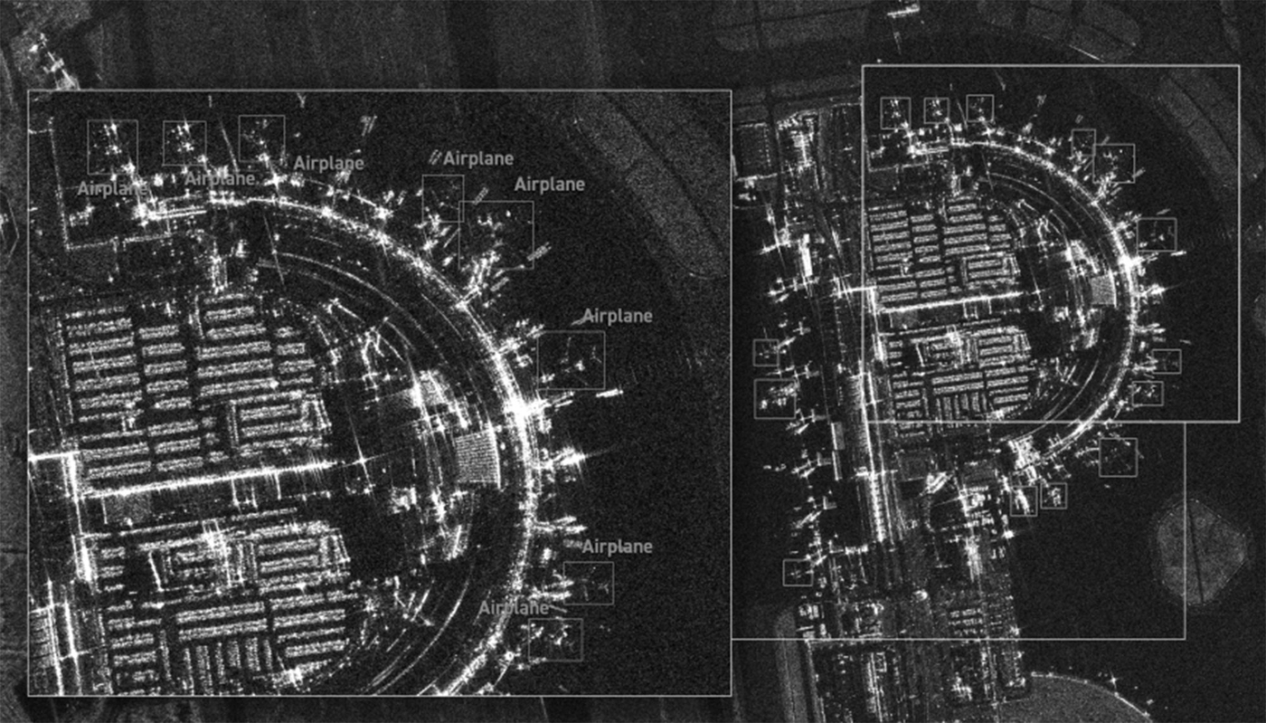Détection automatique d'objets sur de l'imagerie SAR réalisée par l'outil d'intelligence artificielle de l'entreprise SATIM.