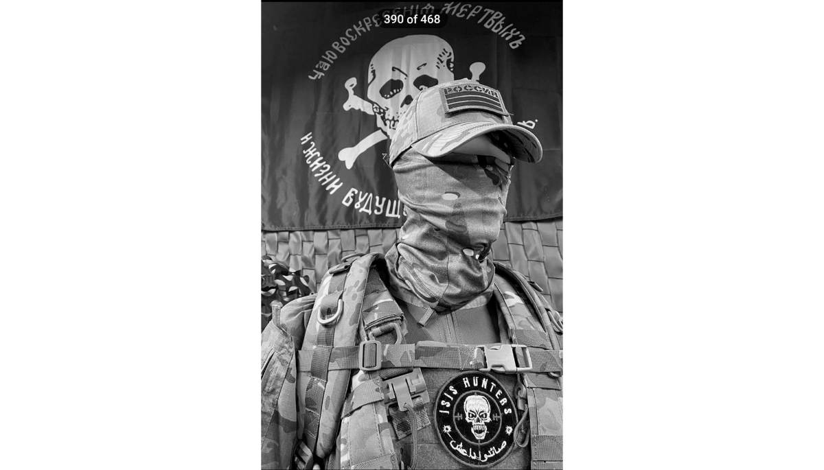 Sur la chaîne Telegram de Shubba-Octagon, de nombreux étudiants postent l'iconographie – explicite ou implicite – de Wagner. Sur cette photo de mars, le patch Isis hunter fait référence aux campagnes de la milice en Syrie.