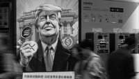 Une publicité mettant en scène Donald Trump et des cryptomonnaies à Hong Kong, le 6 avril 2025.