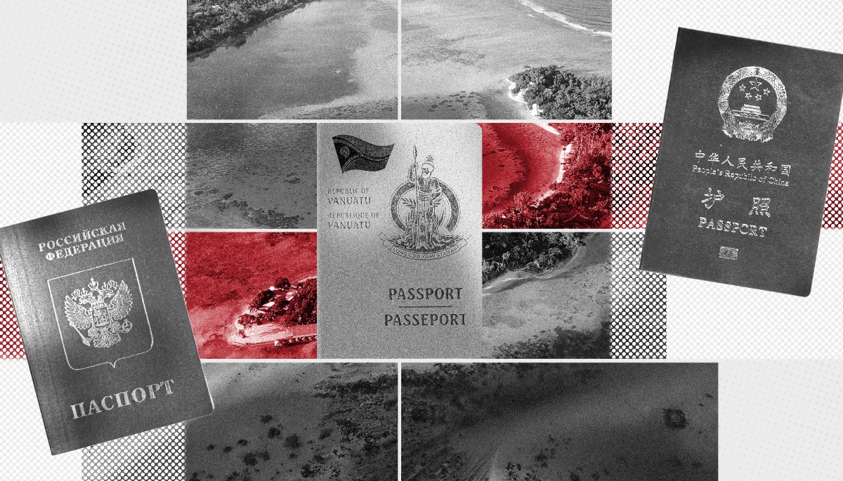Vue aérienne de Vanuatu, avec des passeports russe, vanuatais et chinois.