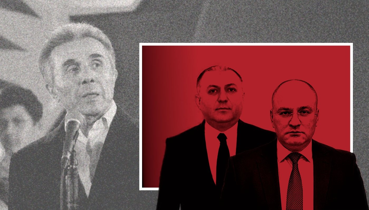 Grigol Liluachvili, à la tête du State Security Service of Georgia, et Irakli Beraia, directeur du Georgian Intelligence Service. En arrière-plan, l'oligarque Bidzina Ivanichvili.