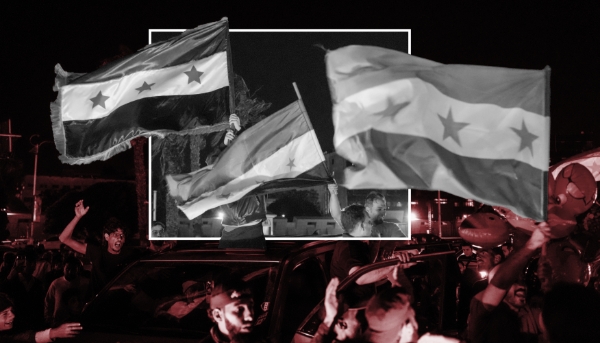 Rassemblement à Damas, après un discours du président Ahmed al-Charaa concernant la levée des sanctions américaines contre la Syrie, le 15 mai 2025.