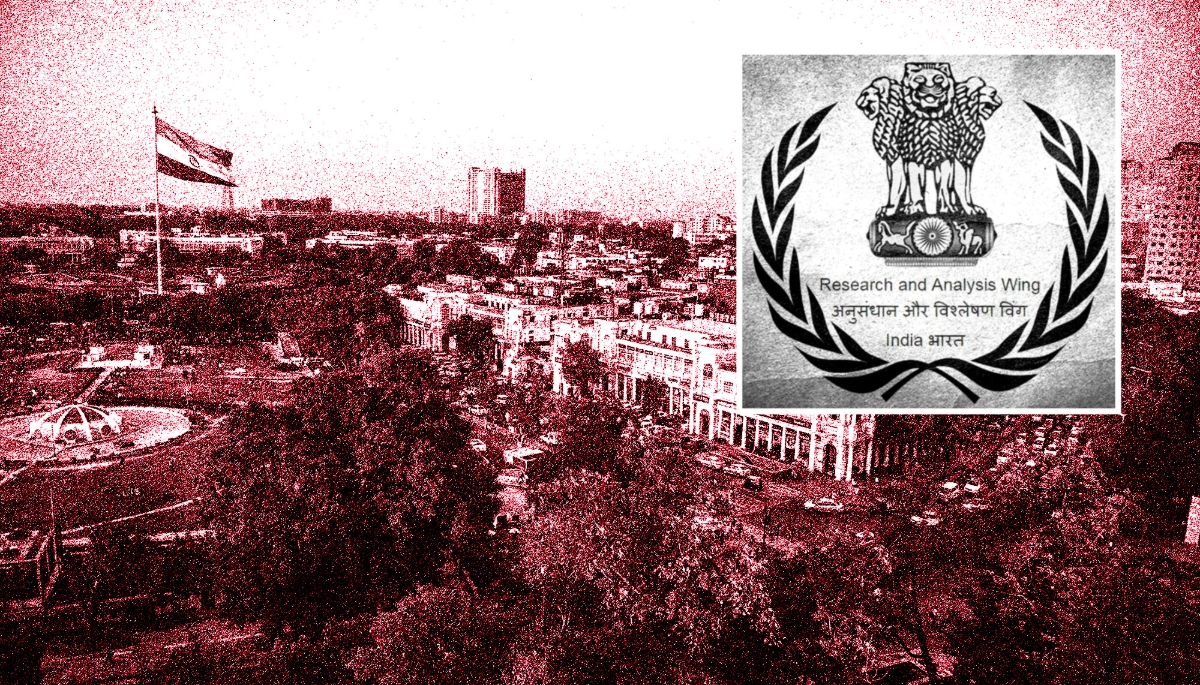 Le logo du Research & Analysis Wing et une vue de New Delhi.