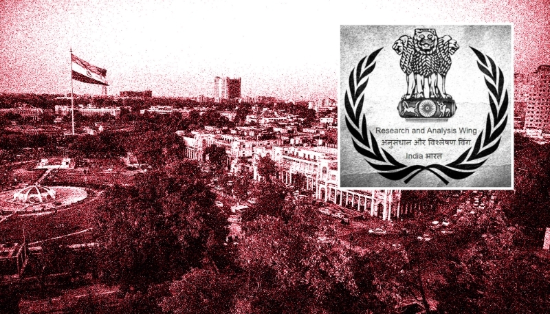 Le logo du Research & Analysis Wing et une vue de New Delhi.