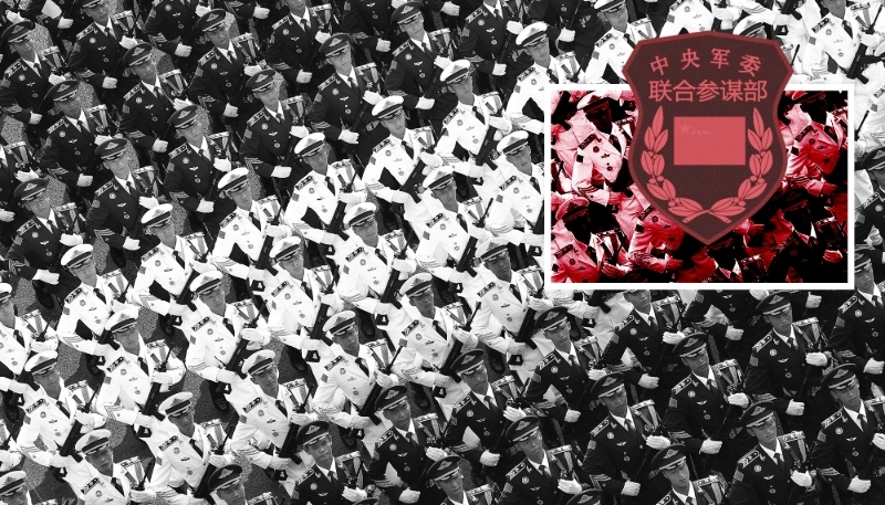 La garde d'honneur de l'Armée populaire de libération chinoise (APL) et le logo du bureau de renseignement de l'état-major interarmées.