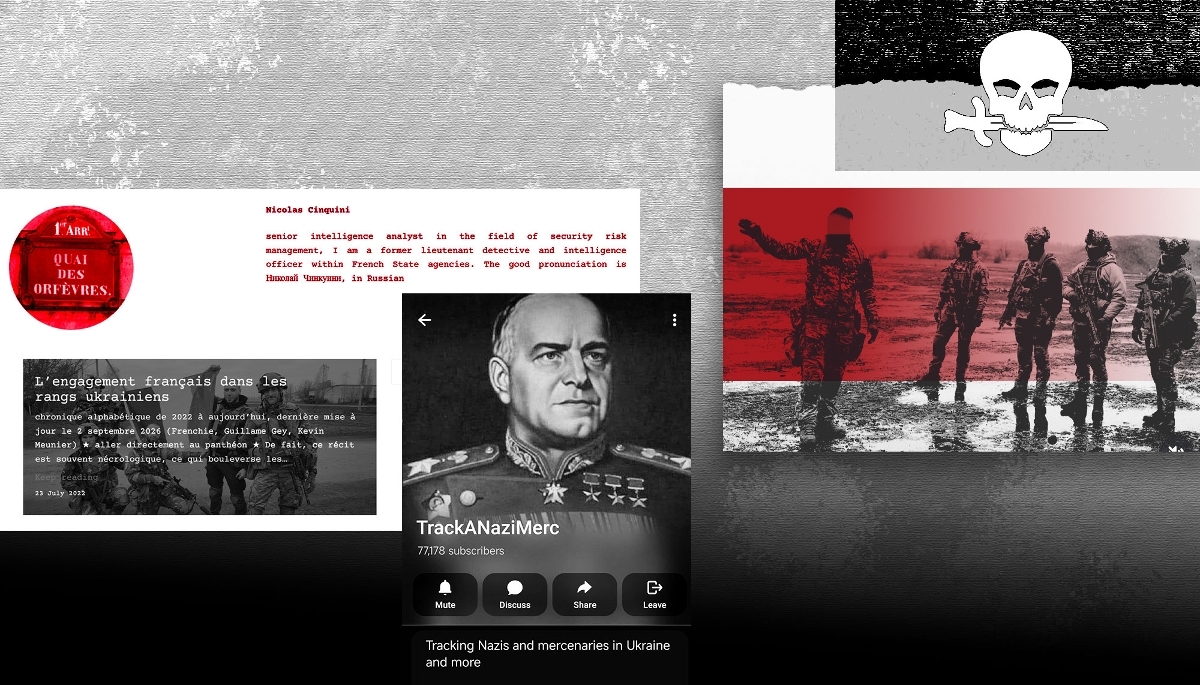 À gauche : captures d'écran du blog de Nicolas Cinquini et du compte Telegram TrackANaziMerc pour lequel il travaille. À droite : insigne du groupe tactique Revanche et photo des combattants du détachement français de cette unité qui sont sur les traces de Nicolas Cinquini.
