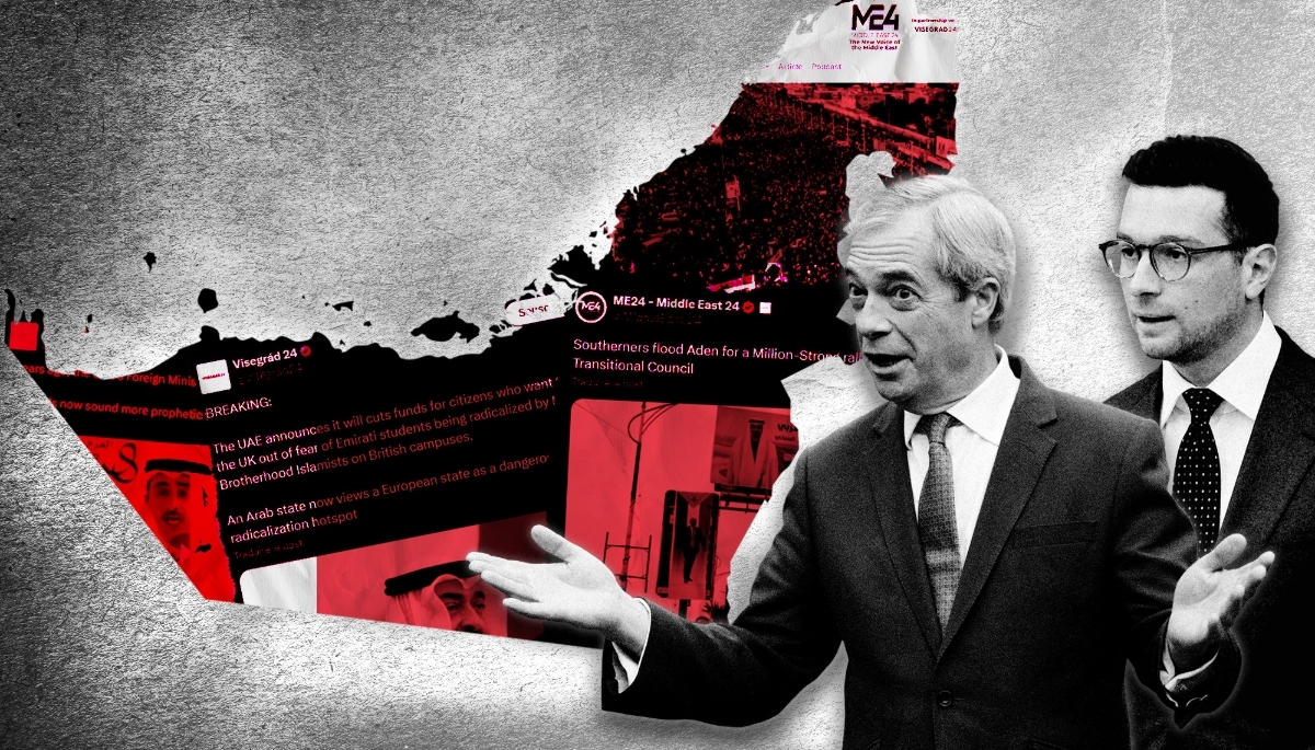 Captures d'écran des publications de Visegrad24 et Middle East 24. À gauche, le chef du parti britannique d'extrême droite Reform UK, Nigel Farage, et à droite, le président du RN en France, Jordan Bardella.