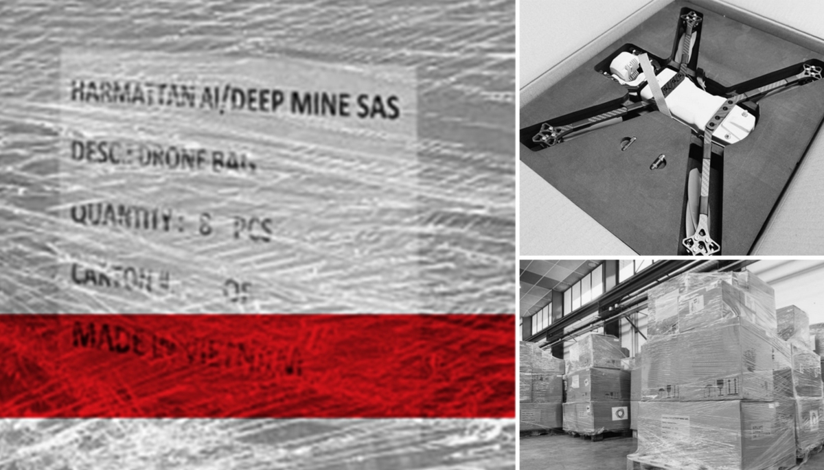 Une livraison de drones Sonora d'Harmattan AI portant la mention 'Made in Vietnam'.