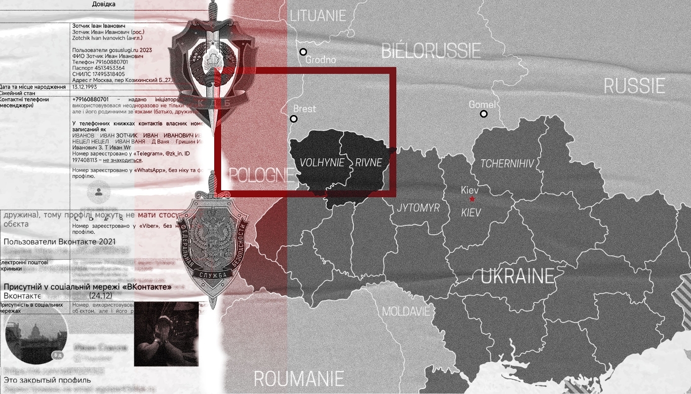 À gauche, un document fuité du SBU sur l'enquête concernant Ivan Ivanovitch Zotchik provenant des travaux de l'outil Foundry de Palantir. Au milieu, les symboles du KGB biélorusse et du FSB.