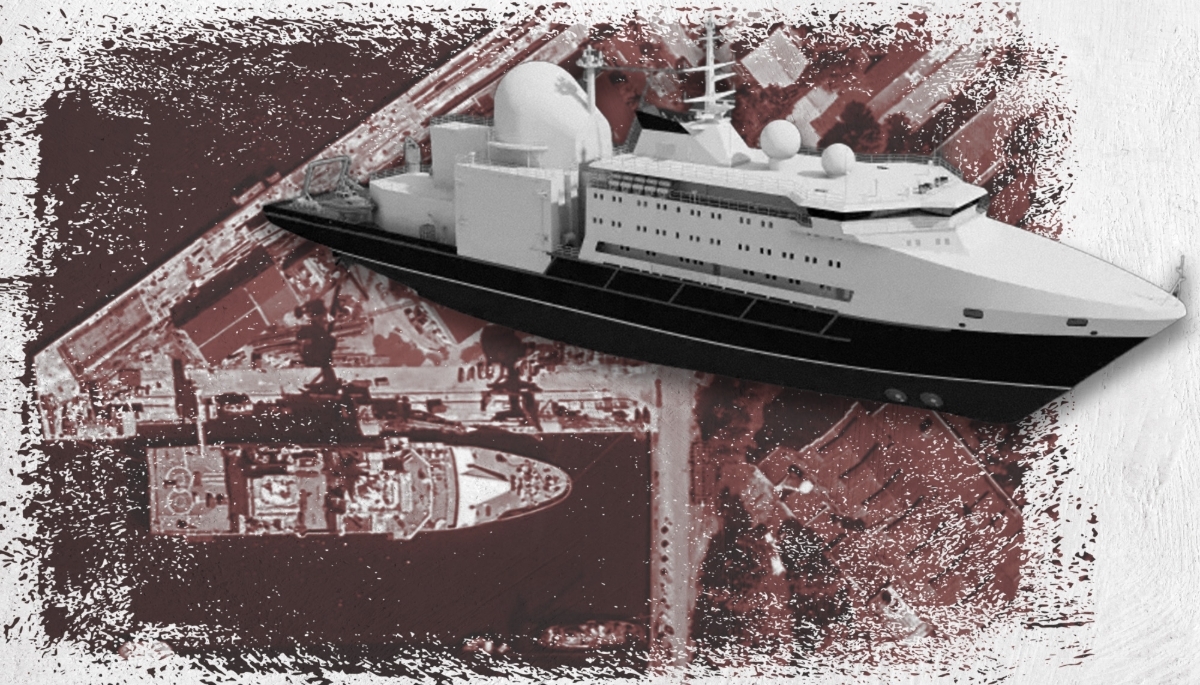 Le Almaz, navire rattaché à l’unité secrète de la marine russe spécialisée dans les opérations sous-marines profondes. Vue satellite du chantier et modélisation 3D.