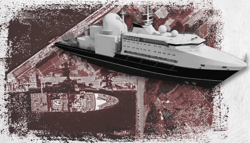 Le Almaz, navire rattaché à l’unité secrète de la marine russe spécialisée dans les opérations sous-marines profondes. Vue satellite du chantier et modélisation 3D.
