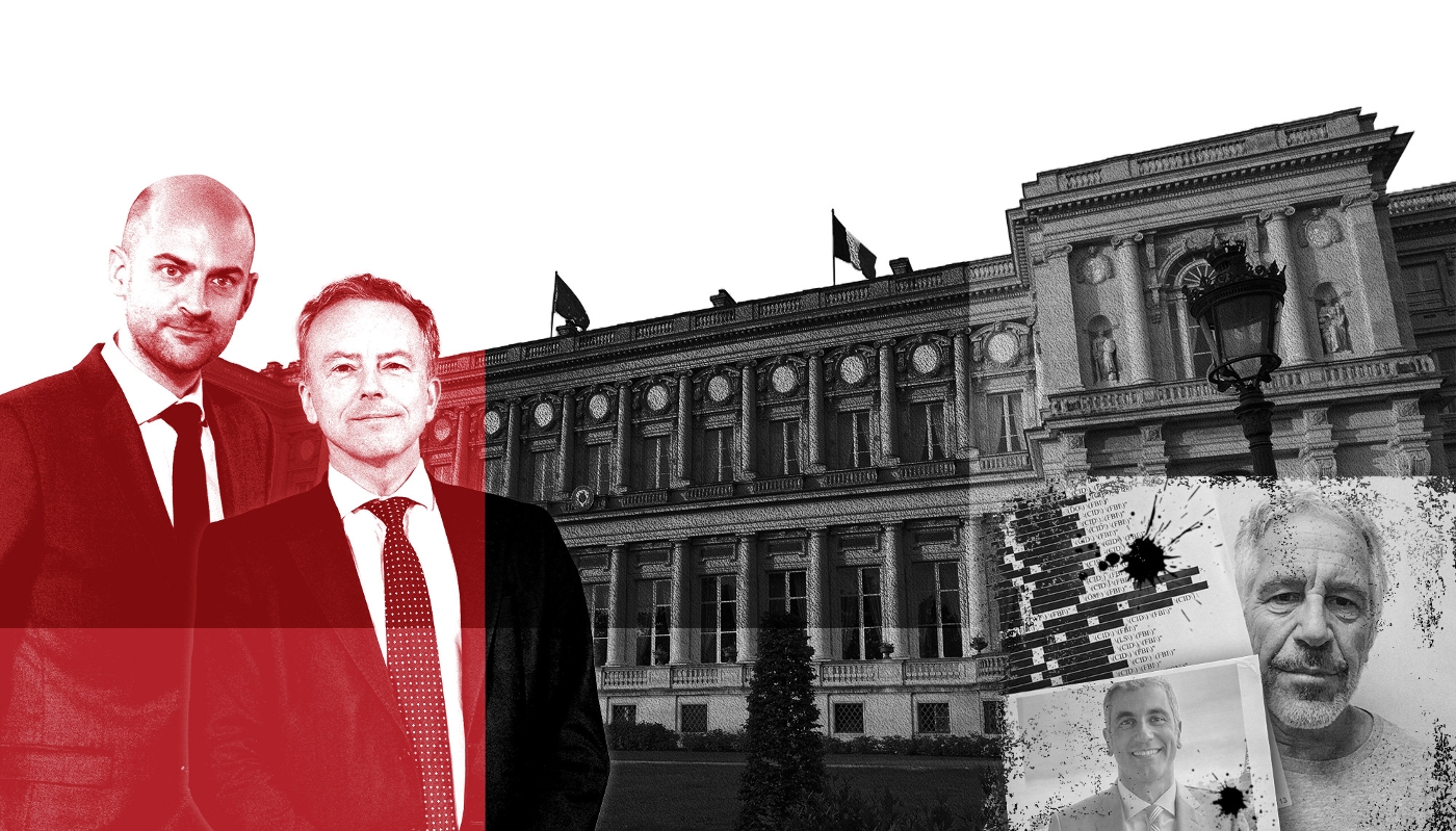 De gauche à droite : Jean-Noël Barrot et Martin Briens. En vignette : Fabrice Aidan et Jeffrey Epstein. En arrière-plan, le Quai d'Orsay.