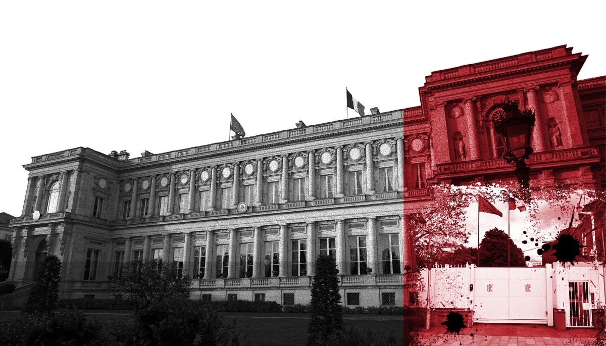 En arrière-plan, le Quai d'Orsay. En vignette à droite, l'ambassade de France en Russie. 