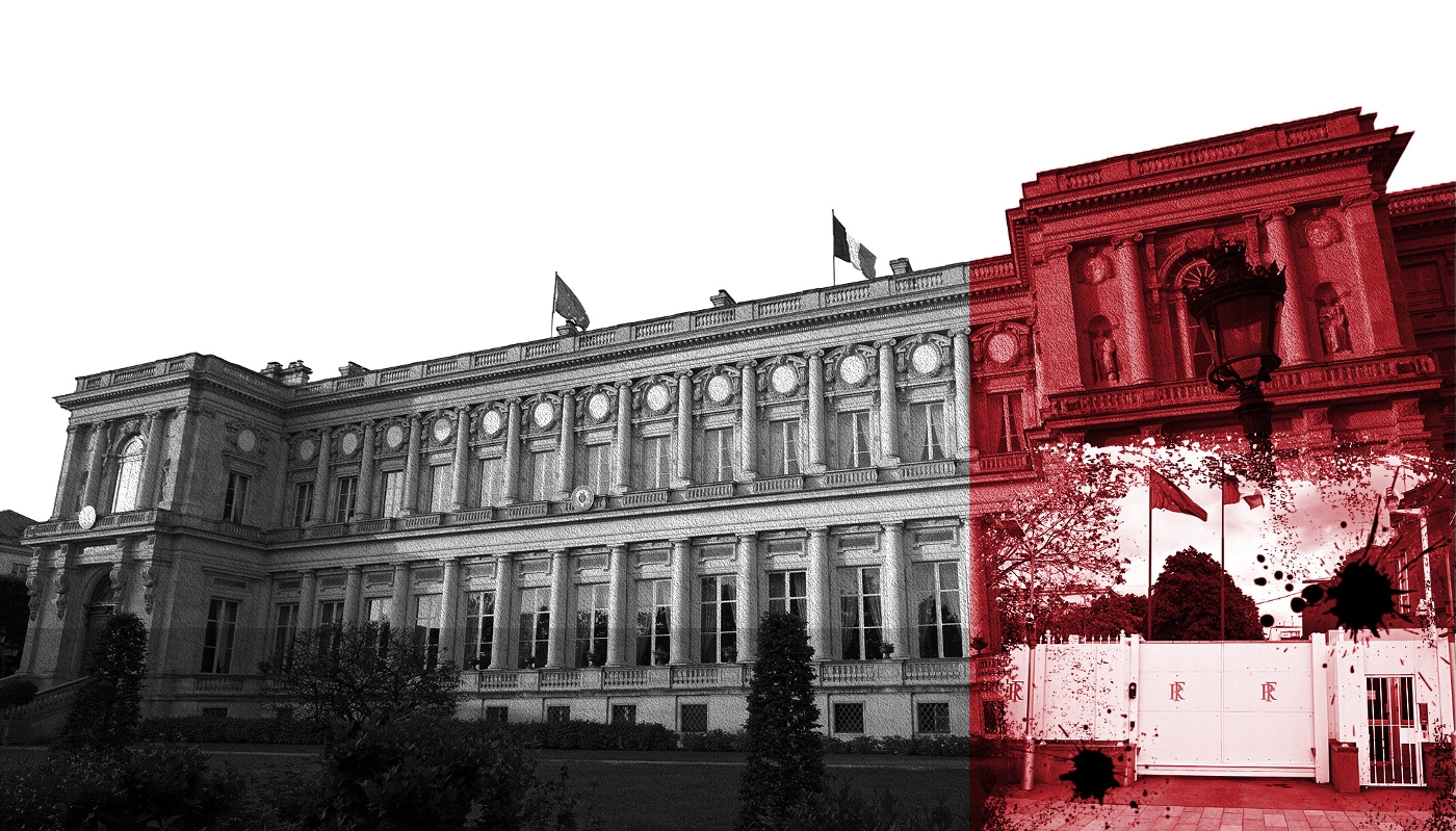 En arrière-plan, le Quai d'Orsay. En vignette à droite, l'ambassade de France en Russie.