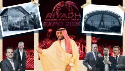 De g. à dr. : Matthieu Creux, Frédéric Bedin, Mohammed bin Salman, Maurice Gourdault-Montagne, Gilles Dufeigneux et Emmanuel Macron.