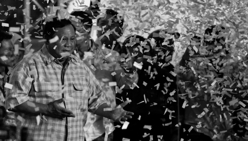 Le candidat à la présidence Prabowo Subianto lors du décompte officieux des voix à Jakarta, en Indonésie, le 14 février 2024.