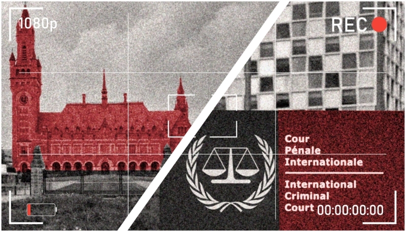 À gauche : la Cour de justice internationale de La Haye. À droite : la Cour pénale internationale de La Haye.